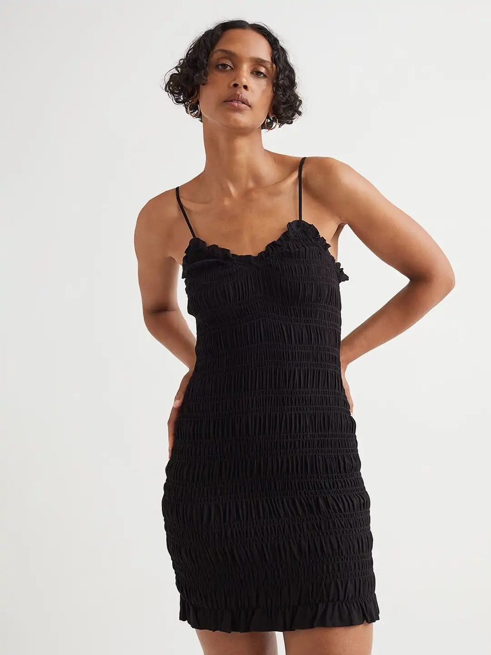 NWT H&M Black Smocked Ruffle Mini Dress Sleeveless & Stretchy